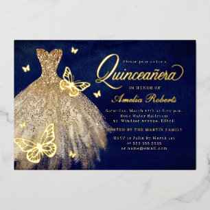 Invitation En Aluminium Robe à papillon de la Marine d'or Quinceanera Foil