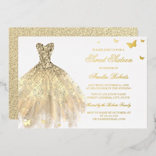 Invitation En Aluminium Robe à papillon OR FOIL Sweet sixteen (Recto/Verso)
