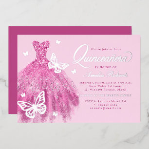 Invitation En Aluminium Robe à papillon rose chaud Quinceanera