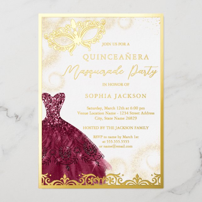 Invitation En Aluminium Robe Bourgogne Gold Masquerade Party Quinceanera (Recto)