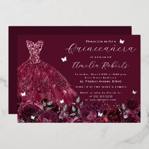 Invitation En Aluminium Robe Bourgogne Papillon argenté Floral