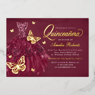 Invitation En Aluminium Robe Burgundy Gold Butterfly Quinceanera