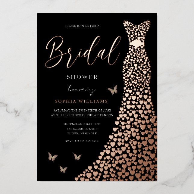 Invitation En Aluminium Robe Coeur rose Gold Foil Fête des mariées noire (Recto)
