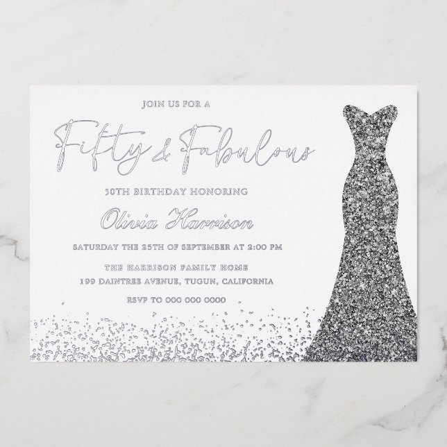 Invitation En Aluminium Robe d'argent Cinquante et fabuleux 50e anniversai (Recto)