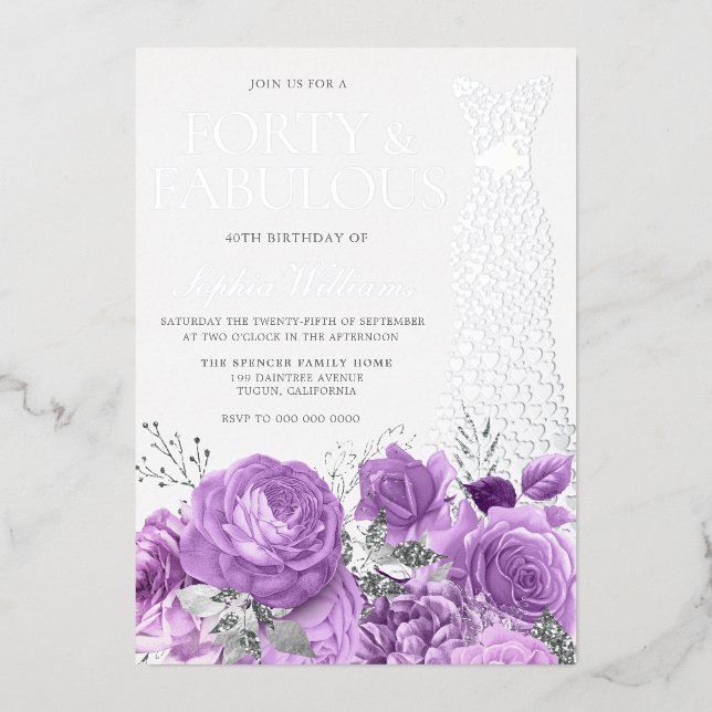 Invitation En Aluminium Robe d'argent Lavande violette Floral 40e annivers (Recto)