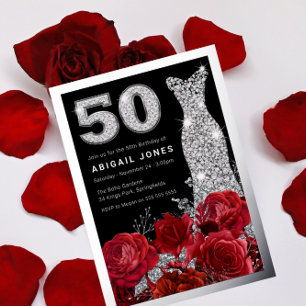 Invitation En Aluminium Robe de diamants de roses rouges 50e anniversaire 
