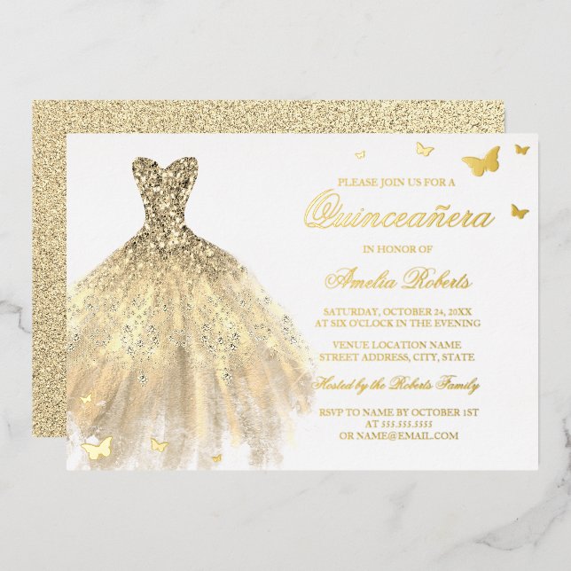 Invitation En Aluminium Robe de FOIL OR Papillon Quinceanera (Recto/Verso)