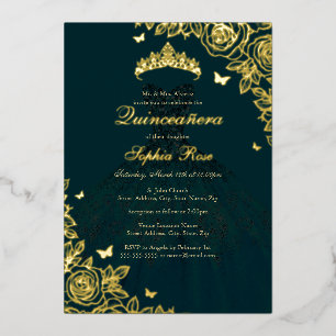 Invitation En Aluminium Robe de Quinceanera en or émeraude
