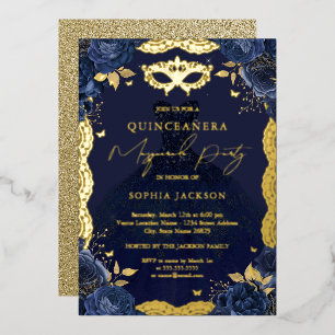 Invitation En Aluminium Robe de Quinceanera Florale Navy pour Soirée Masqu