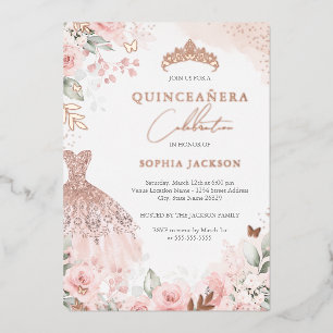 Invitation En Aluminium Robe de Quinceanera Florale Rose Doré Élégante