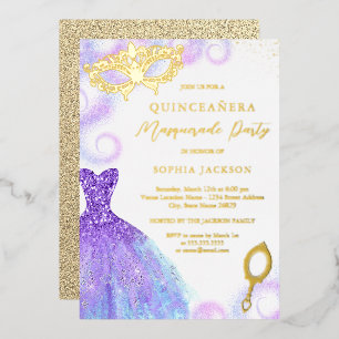 Invitation En Aluminium Robe de soirée masquerade bleue violette Quinceane