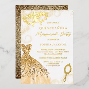 Invitation En Aluminium Robe de soirée masquerade dorée Quinceanera Invit