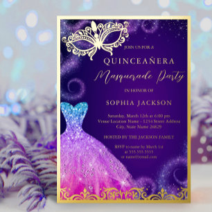 Invitation En Aluminium Robe de soirée masquerade violette dorée Quinceane