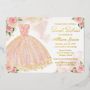 Invitation En Aluminium Robe délicate rose pâle Sweet Sixteen Or