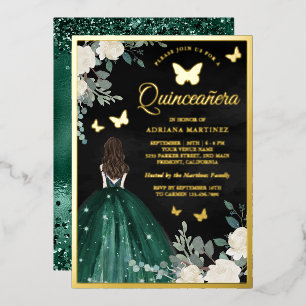 Invitation En Aluminium Robe d'émeraude Papillon noir Quinceanera Or