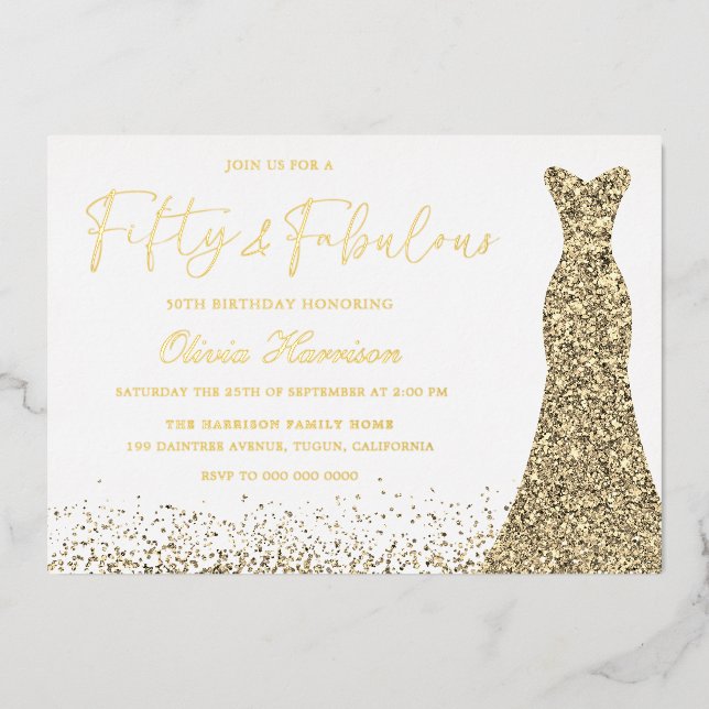 Invitation En Aluminium Robe d'or Cinquante et fabuleux 50e anniversaire G (Recto)