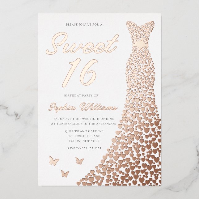 Invitation En Aluminium Robe d'or rose sucré 16 16e anniversaire (Recto)