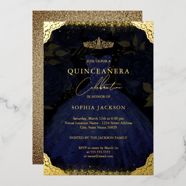 Invitation En Aluminium Robe dorée bleu étincelante Tiara Quinceanera (Recto/Verso)