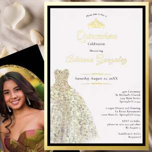 Invitation En Aluminium Robe dorée élégante 15e anniversaire Quinceanera