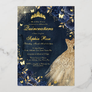Invitation En Aluminium Robe dorée Fleurs de marine Papillon Quinceanera
