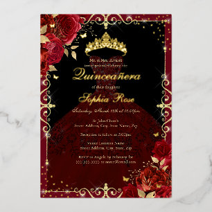 Invitation En Aluminium Robe élégante rouge or rose Quinceanera