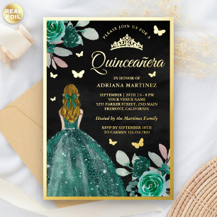 Invitation En Aluminium Robe émeraude blonde papillon Quinceanera or