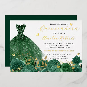 Invitation En Aluminium Robe émeraude scintillante fleur dorée papillon 