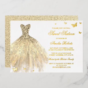 Invitation En Aluminium Robe en feuille d'or Papillon Sweet Sixteen 
