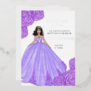 Invitation En Aluminium Robe et fleurs pourpres de Quinceanera