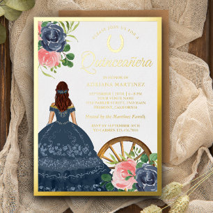 Invitation En Aluminium Robe Fleurie Bleu Marine Charro Quinceanera Or