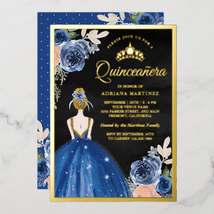 Invitation En Aluminium Robe Fleurie Bleu Royal Quinceanera Noir Or
