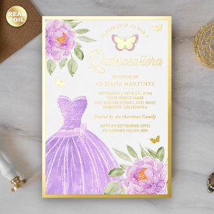 Invitation En Aluminium Robe Fleurie Lavande Papillon Quinceanera Or