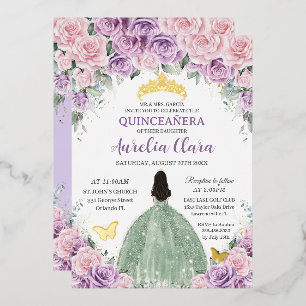 Invitation En Aluminium Robe Fleurie Violet Rose Pâle Vert Sauge pour Quin
