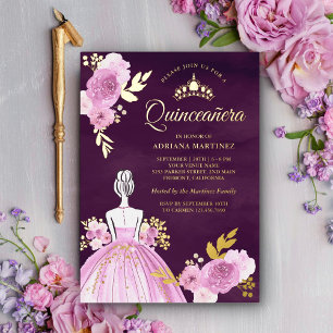 Invitation En Aluminium Robe Fleurie Violette Princesse Prune Quinceanera