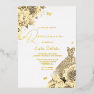 Invitation En Aluminium Robe & Fleurs d'or enchantées Quinceanera Gold