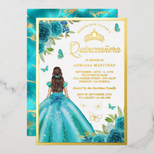 Invitation En Aluminium Robe Florale bleu Aqua Papillon Quinceanera Or