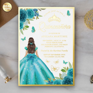 Invitation En Aluminium Robe Florale bleu Aqua Papillon Quinceanera Or