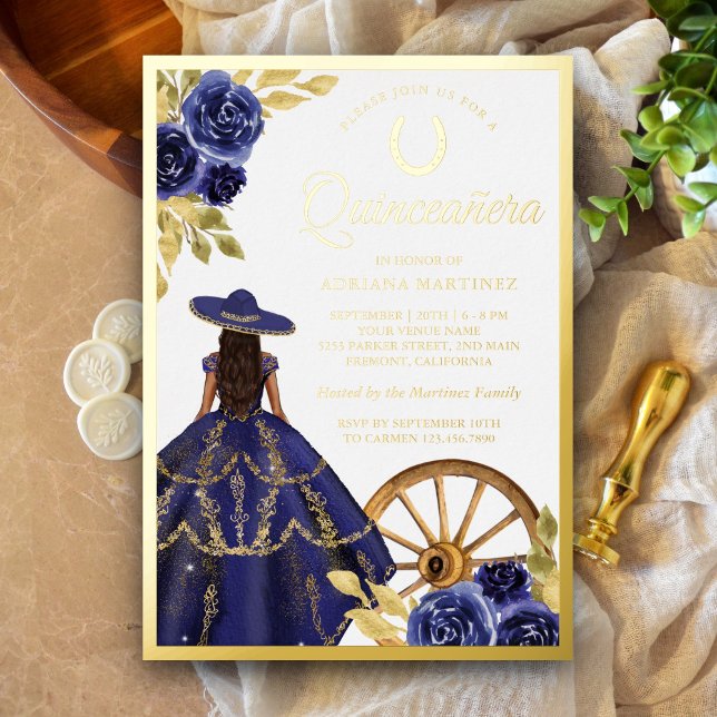 Invitation En Aluminium Robe florale bleu marine Charro Quinceanera or (Créateur téléchargé)