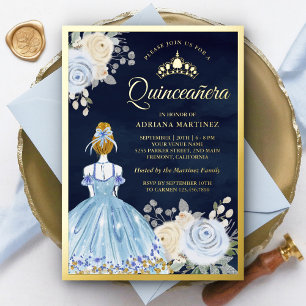 Invitation En Aluminium Robe Florale Bleu Pastel Quinceanera Navy Or