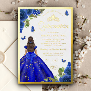 Invitation En Aluminium Robe florale bleu royal Papillon Quinceanera Or
