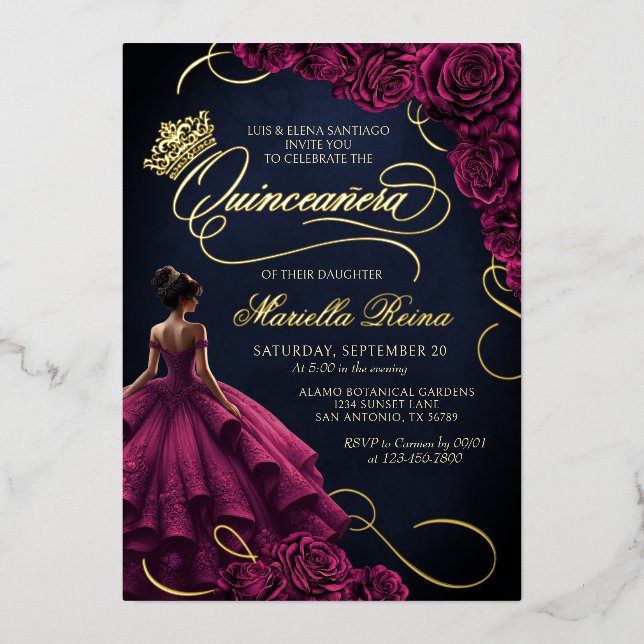 Invitation En Aluminium Robe Florale Bourgogne Quinceañera (Recto)