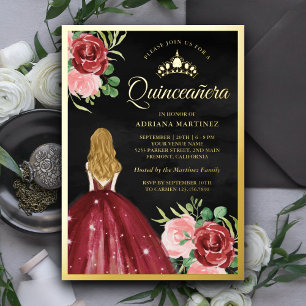 Invitation En Aluminium Robe florale burgonde Quinceanera noire or