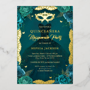 Invitation En Aluminium Robe florale de soirée masquée sarcelle Quinceaner