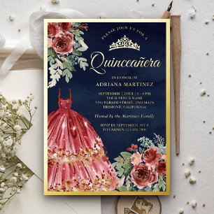 Invitation En Aluminium Robe Florale Marsala Rouge Quinceanera Navy Or