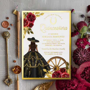Invitation En Aluminium Robe florale Noir Charro Quinceanera Or