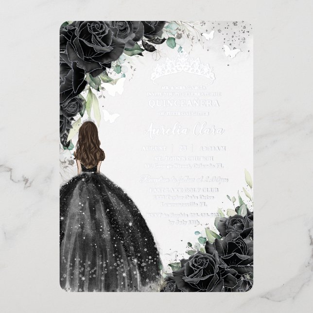 Invitation En Aluminium Robe Florale noire Quinceañera Sweet 16 XV Argent (Recto)