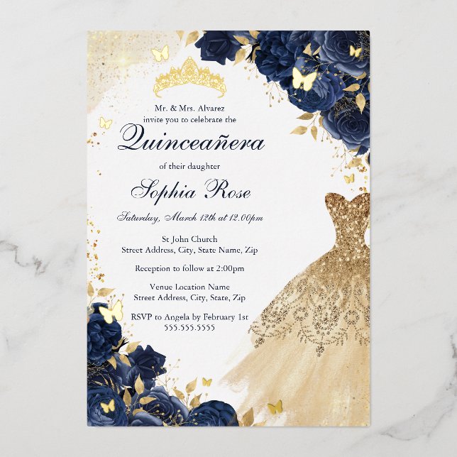 Invitation En Aluminium Robe florale papillon Marine or Quinceanera (Recto)