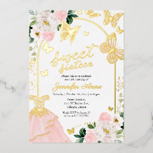 Invitation En Aluminium Robe florale rose pâle Butterfly Sweet Sixteen Gol