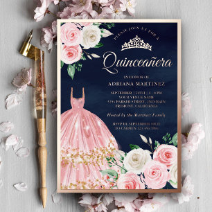 Invitation En Aluminium Robe Florale Rose Pâle Quinceanera Navy Rose Dorée