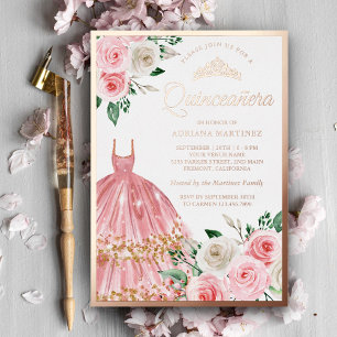 Invitation En Aluminium Robe Florale Rose Pâle Quinceanera Or Rose